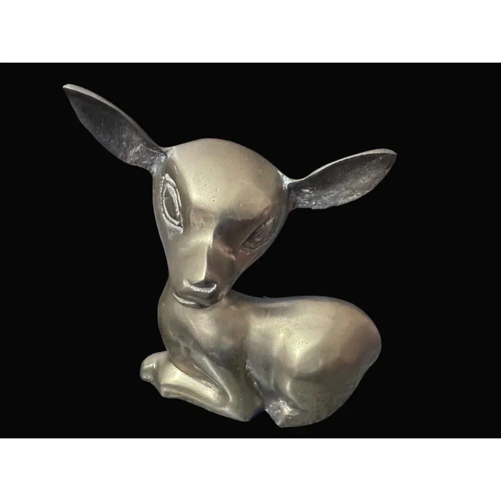 Solid Brass Reclining Deer Fawn Figurines Set of 2 Mid Century Modern MCM